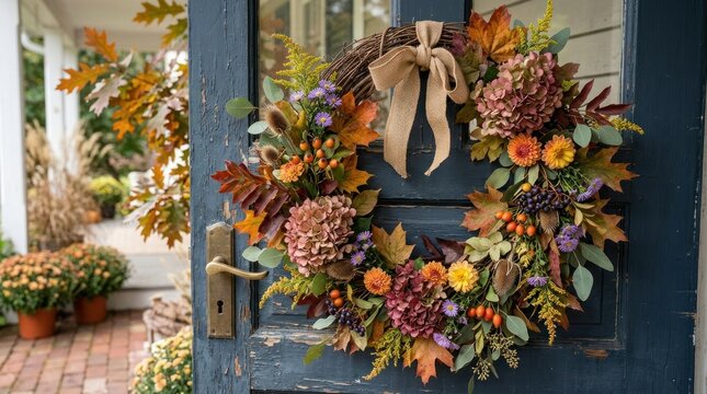 Autumn Wreath on Blue Door, Fall Decor, Seasonal Welcome