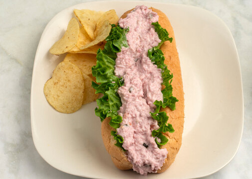 ham salad sub  with  a side of potato chips