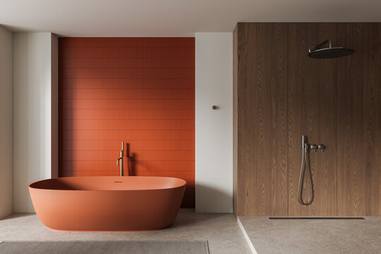 Modern interior design bathroom with orange tub, tiled accent wall, wood shower area, soft lighting, and minimalist layout creating a serene contemporary atmosphere. 3D Rendering