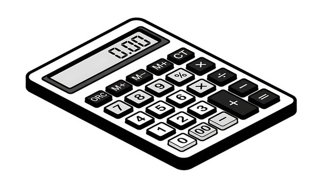 Isometric illustration of a modern calculator with a digital display showing 0.00.