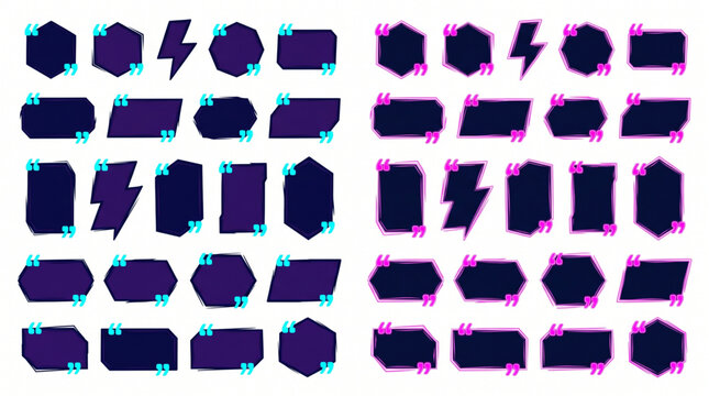 Cyberpunk neon quote box vector frames collection. Geometric citation templates with quotation marks. Gaming UI elements for text, comments, and social media layout. Cyan and pink glow style icons.