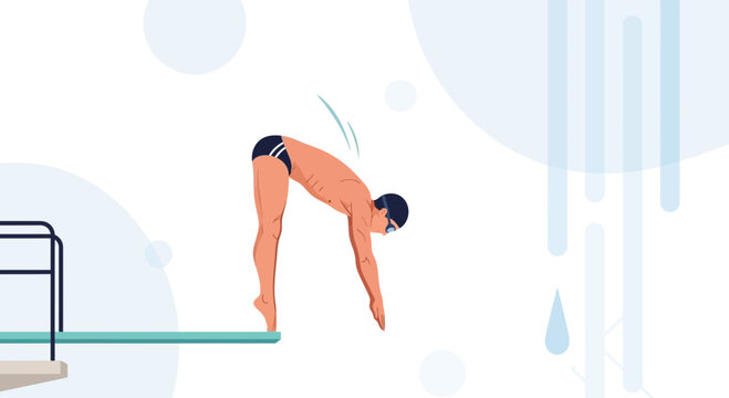 Male diver poised to jump from diving board into water, abstract background with water elements.