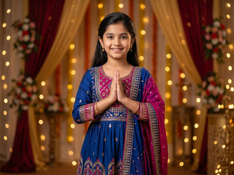 indian girl in colorful traditional attire offering namaste greeting in festive setting representing celebration culture and family traditions
