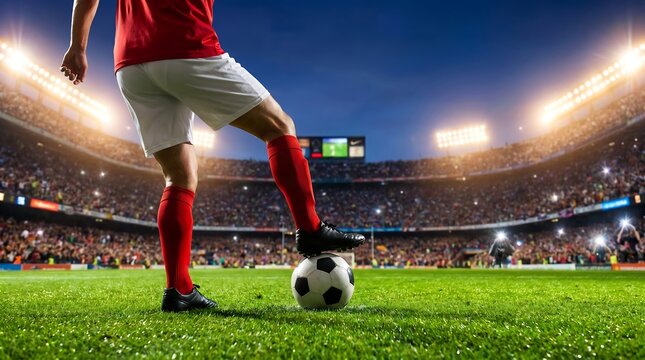Soccer player standing with foot on ball in a crowded stadium at night