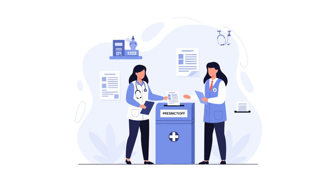 Doctors in blue scrubs and white lab coats casting votes into a ballot box labeled "PRESCRIPTION" with a medical cross.