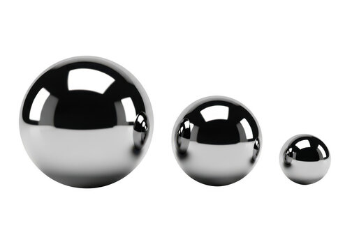 Three shiny metal chrome spheres in different sizes arranged in a row on a plain surface isolated on transparent background