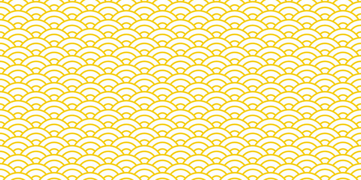 Japanese pattern with scallop, fish or dragon scale. Ramen noodles texture. Abstract seamless pattern with yellow line arches, waves, vector illustration