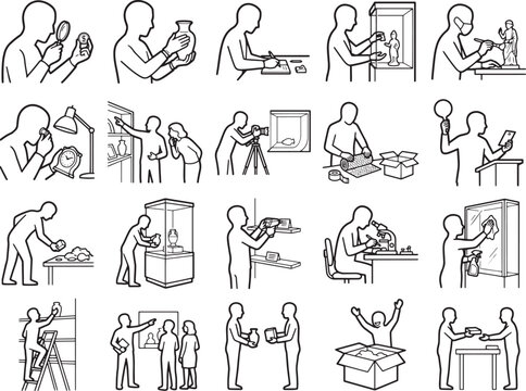 Collection of line drawings illustrating various activities related to collecting, exhibiting, and appreciating art and artifacts, showcasing diverse interactions with items in display cases, museums.