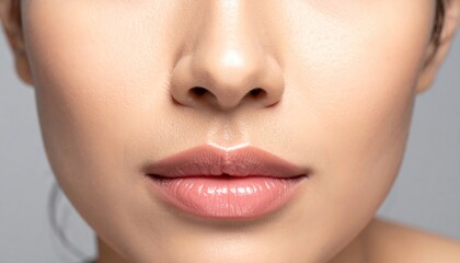 Fototapeta premium Close-up of a person's face, focusing on the nose and full lips with a subtle gloss