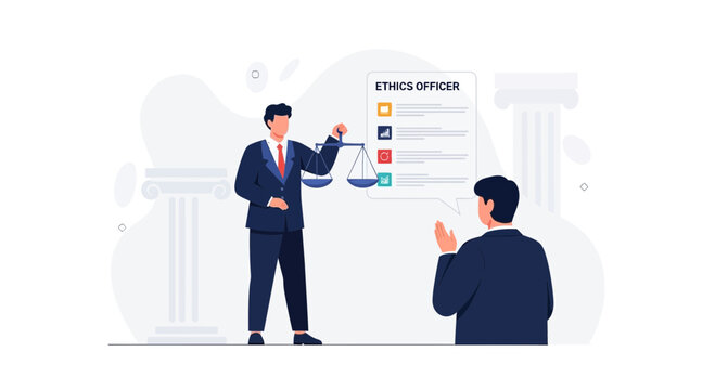 Lawyer holding scales of justice presents ethics document to client, representing legal consultation and corporate compliance.