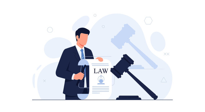 Lawyer Holding Legal Document with Gavel, Justice and Courtroom Concept Illustration