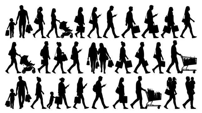 Shopping people silhouettes, diverse crowd of shoppers with bags and carts, walking pedestrian silhouettes for retail and commercial design