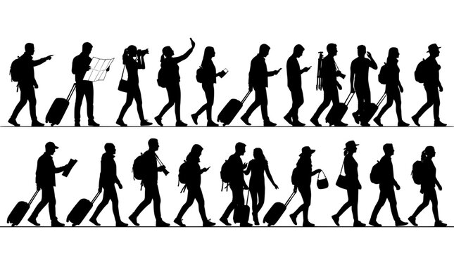 Traveler silhouettes with luggage and suitcases, tourists walking in airport terminal, people on vacation with backpacks and maps vector set