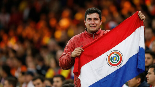 Paraguayan football fan holding national flag in stadium crowd