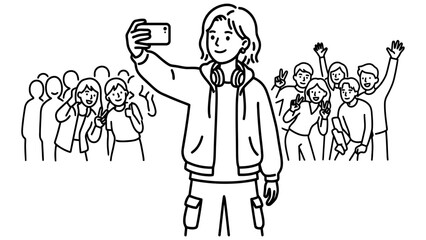 Fototapeta premium A minimalist line art illustration of a trendy young person taking a selfie with a joyful group of friends or fans. This simple black and white drawing captures the essence of social media, youth cult