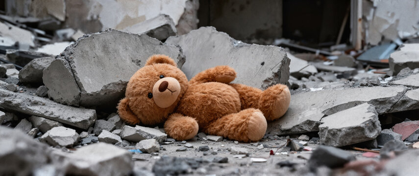 Lonely Teddy Bear Lying in Concrete Rubble After Destruction