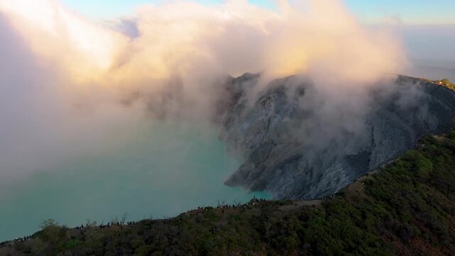 Aerial Drone View of Mount Ijen Crater Lake &ndash; Java Island Indonesia Volcanic Landscape