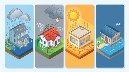 Naklejka premium Isometric Illustration Set Showing Natural Disaster Effects on Residential Homes and Climate Change Impacts Including Flooding Storm Drought and Rising Sea Levels