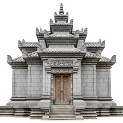 Fototapeta premium Traditional balinese stone temple gate entrance with ornate carvings and wooden doors isolated on transparent background