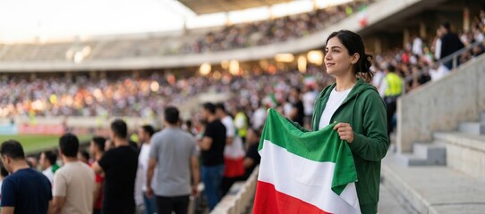 Obraz premium Female football supporter holding Iranian flag in stadium
