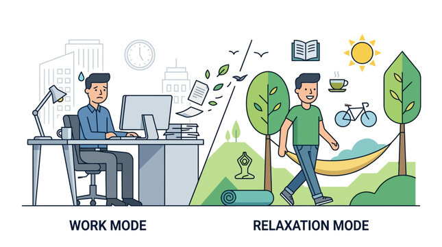 Conceptual Illustration of achieving a Healthy WLB & Digital Detox by Balancing Stressful Work and Nature-Based Relaxation