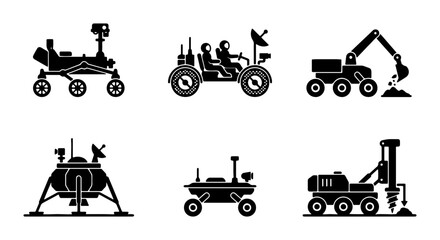 Space Exploration Rovers and Lunar Lander Icons, Futuristic Vehicles Set, Science and Technology Vector Graphics © Aktar