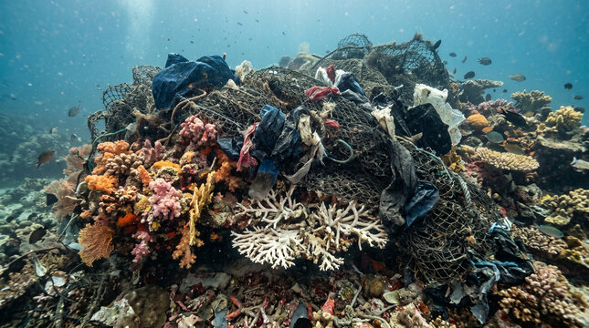 Underwater coral reef entangled with plastic trash and fishing nets in polluted ocean