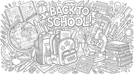 Fototapeta premium Back to school illustration with educational supplies and books around text