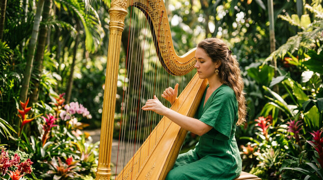 Woman in green dress playing golden harp in tropical garden with colorful flowers
