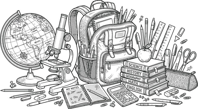 Detailed illustration of school supplies and education tools including a globe microscope backpack books and stationery items arranged neatly