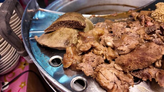 Close Up of Braised Duck Meat and Blood Pudding at Thai Street Food Stall