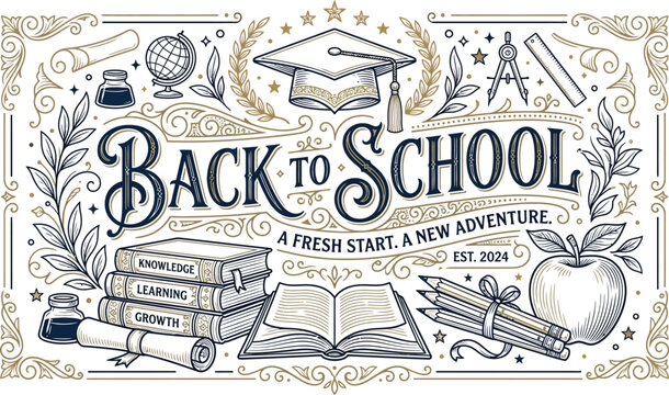 Back to school illustration with graduation cap, books, and apple on white background with gold and black decorative elements for a fresh start and new adventure in education.