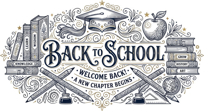 Back to school illustration with graduation cap, books, apple, and school supplies on white background with gold accents and ornate designs around the text.