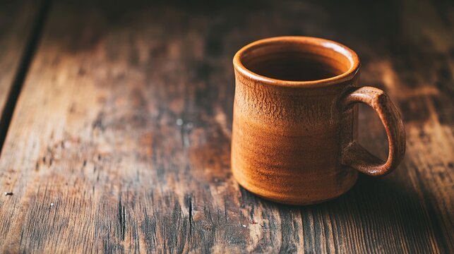 unglazed. A handcrafted terracotta mug with an organic shape on a wooden table. bar promotions, beverage menus, designed for product packaging and bar promotions, elevates brand perception.