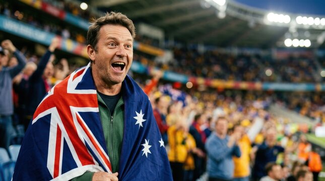 Australian football fan celebrating in stadium with national flag