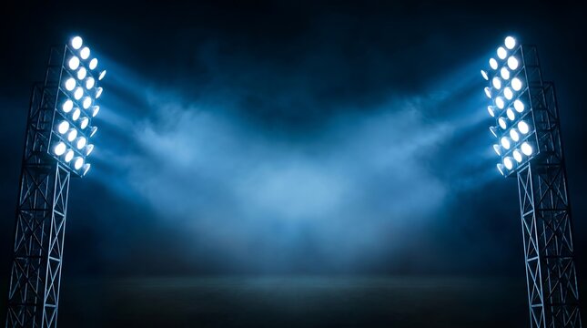 Stadium floodlights illuminating a dark night sky with dramatic smoke and fog