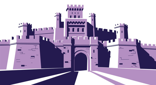 Massive medieval stone castle with tall towers battlements and a large entrance gate shown in a purple and white color scheme.