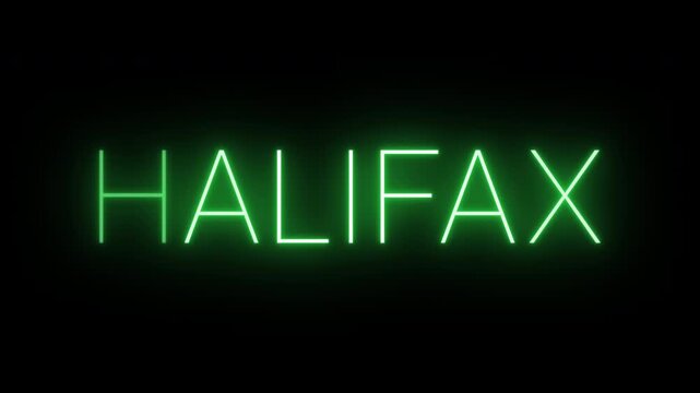 Flickering neon green glowing halifax sign animated black background.
