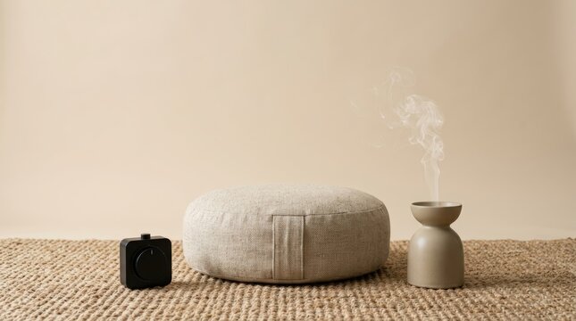 Plain meditation cushion with incense and timer on woven mat