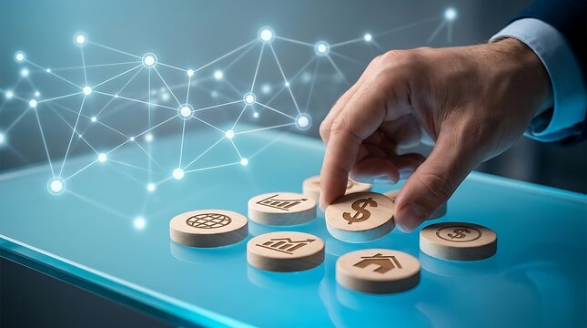 Hand placing wooden token with dollar symbol among financial icons, representing investment, growth, and global economic connection