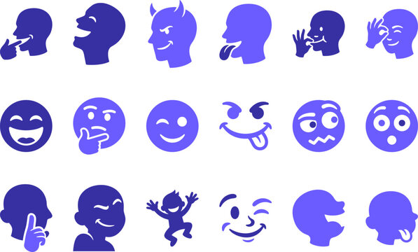 Set of expressive faces and head silhouette icons expressing different emotions and moods on white background.