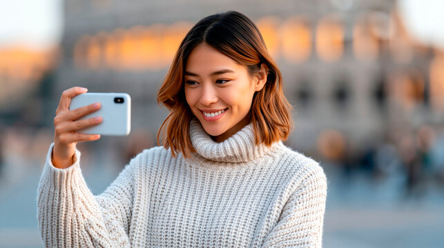 Young woman taking selfie with smartphone at famous landmark, smiling tourist capturing travel memories, mobile photography, social media lifestyle, urban tourism, vacation and digital communication