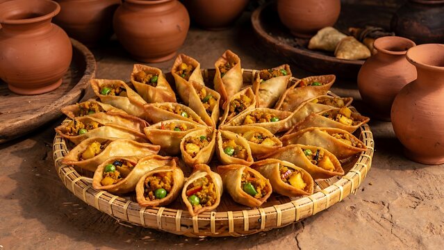 Golden intricately designed traditional Indian sweets on tray.