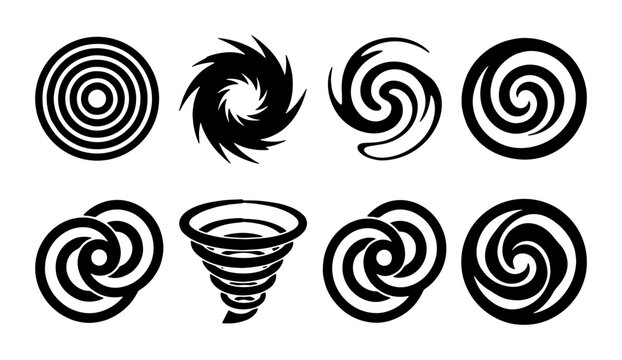 Abstract Swirls and Vortex Icons, Spiral and Cyclone Symbols, Black and White Graphic Elements for Design