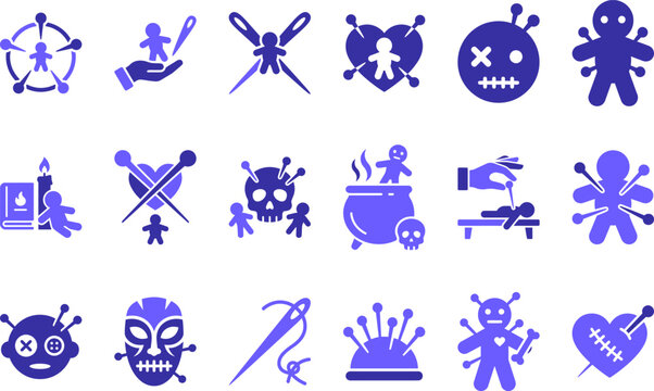 Voodoo doll and curse icons vector set depicting witchcraft magic and dark ritual symbols for mystic themes.