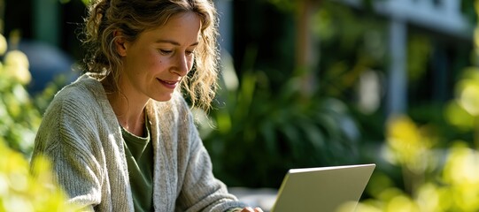 Plakat Remote professional working on laptop in modern urban garden setting