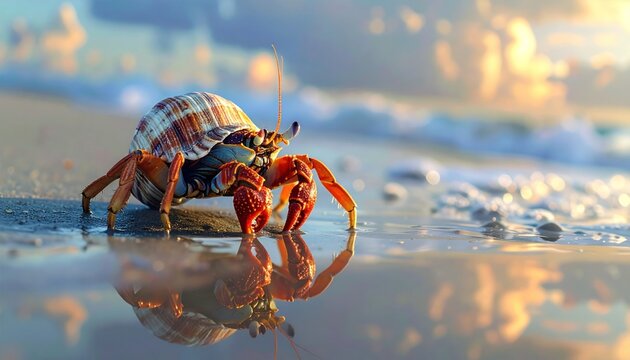 A vibrant hermit crab, shell gleaming, walks on a sandy beach, sunrise reflecting