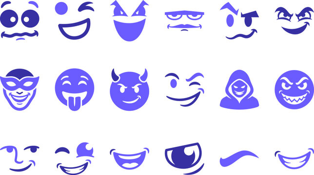 Collection of expressive emoji faces and mouth icons showing various emotions in purple.
