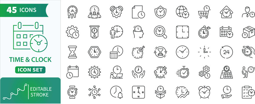 Time and clock line icon set with editable stroke. Collection of outline icons representing concepts of time, watches, speed, schedule, and deadlines