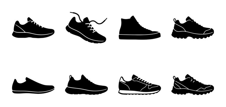Set of 8 Black Sneaker Icons, Athletic Footwear Collection, Running Shoes & Casual Sneakers, Vector Graphics for Sportswear and Fashion Design